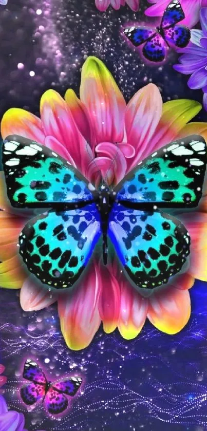 Vibrant butterfly on colorful flowers with neon accents.