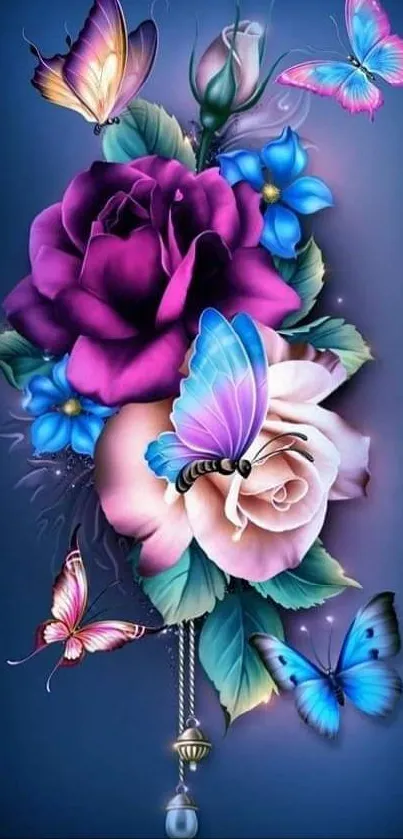 Colorful floral and butterfly mobile wallpaper with vibrant hues.