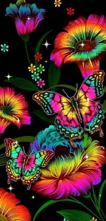 Vibrant neon butterfly and floral mobile wallpaper.