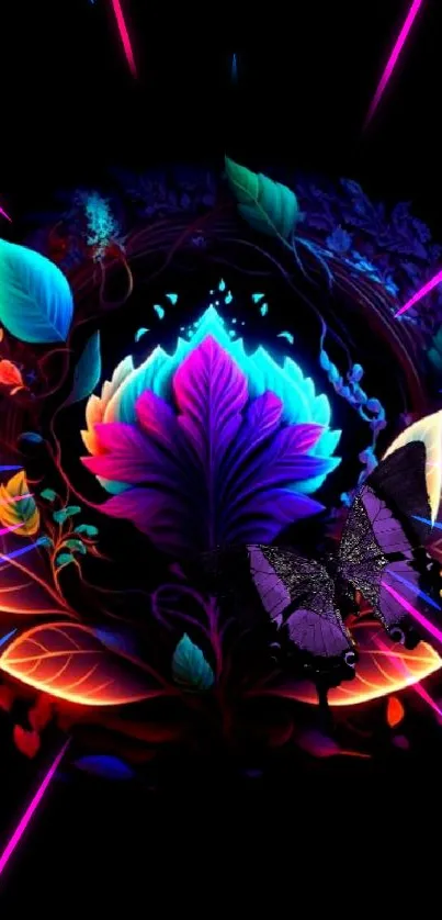 Vibrant butterfly and neon floral design on dark background.