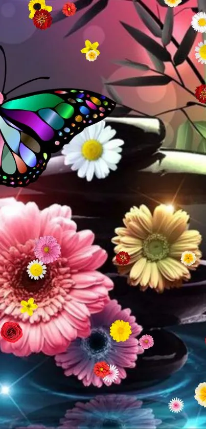 Colorful butterfly with flowers and zen stones wallpaper.