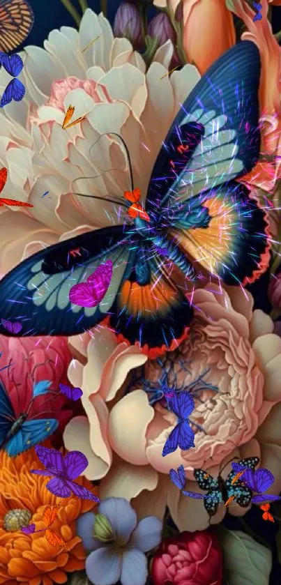 Vibrant butterfly on colorful floral background mobile wallpaper.