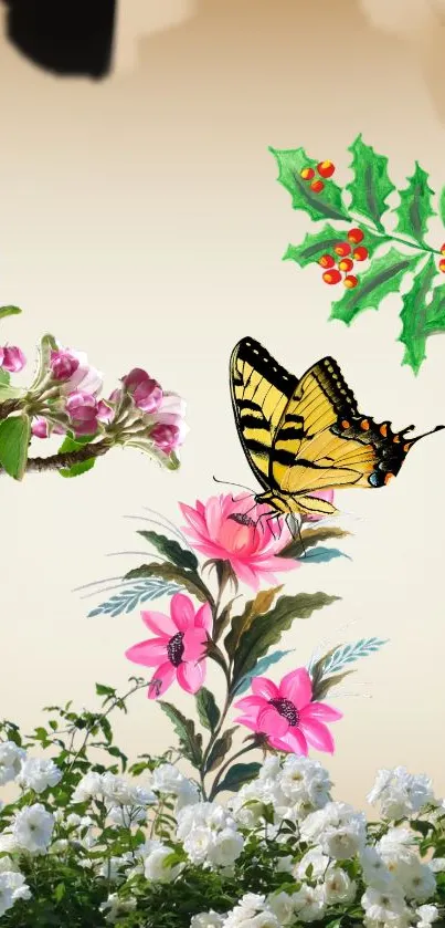 Butterfly on floral design with a beige background.