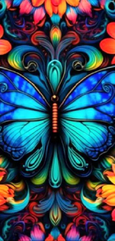 Vibrant blue butterfly with colorful flowers wallpaper.