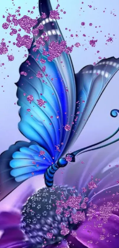 Vivid blue butterfly resting on purple flowers with glittering effect.