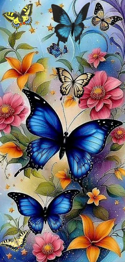 Vibrant blue butterflies with colorful flowers in artistic design.