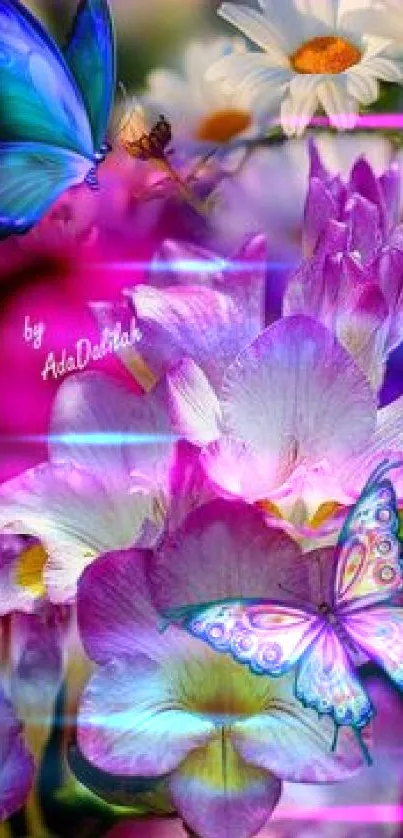 Purple flowers with colorful butterflies wallpaper.