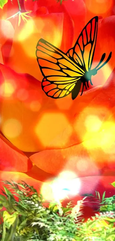 Colorful floral wallpaper with butterfly art.