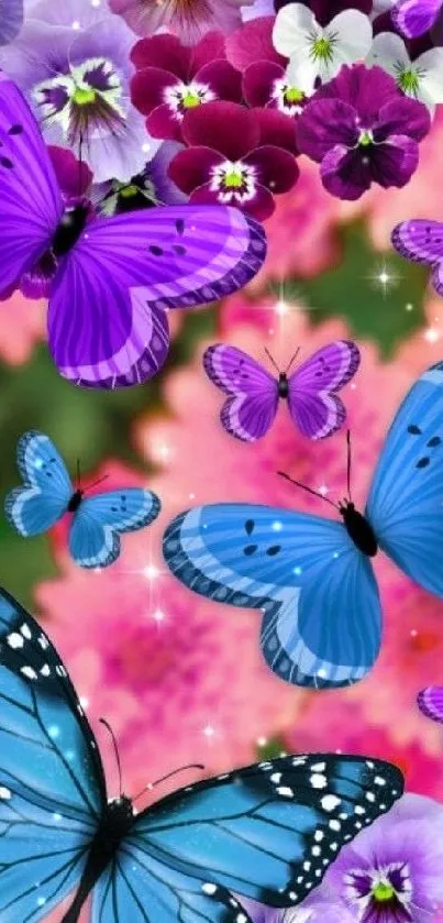 Colorful butterfly and floral wallpaper with a pink background.