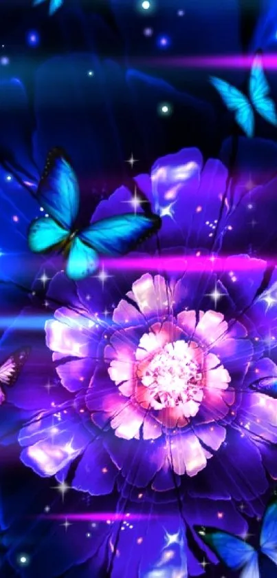 Blue flower with glowing butterflies and lights.