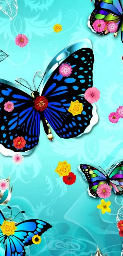 Colorful butterflies and flowers on light blue wallpaper.