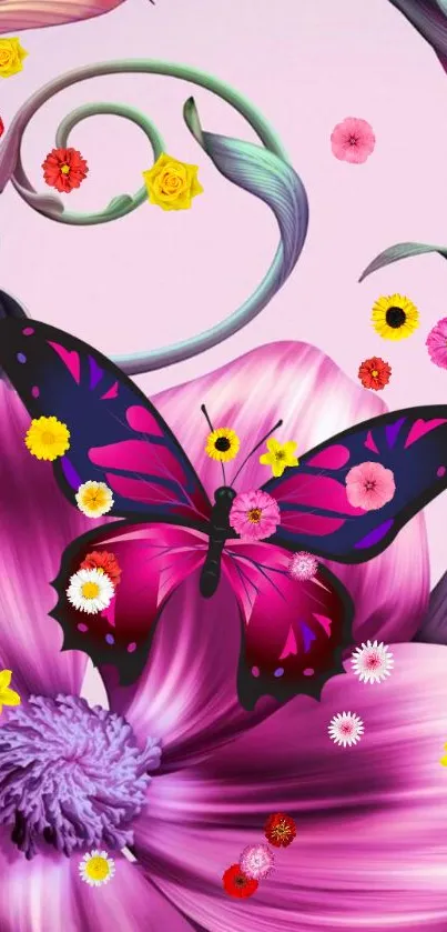 Vibrant pink butterfly and flowers wallpaper with an artistic design.