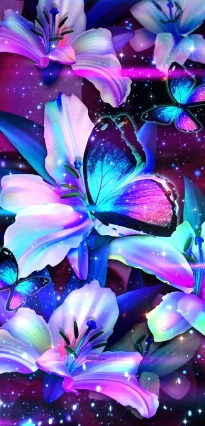 Vibrant neon butterfly and floral mobile wallpaper.