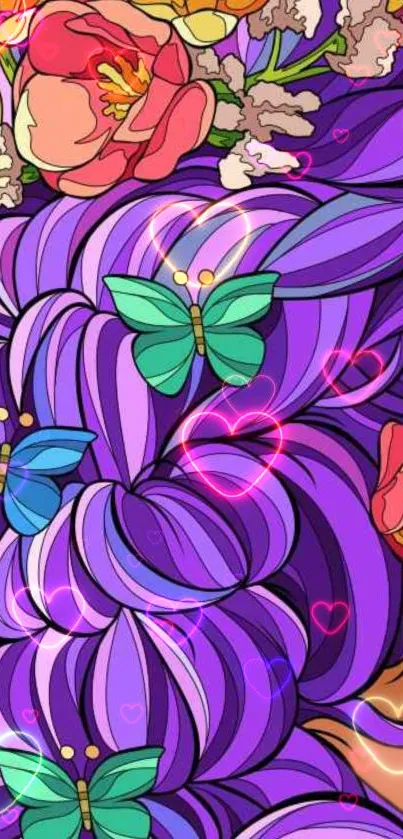 Whimsical purple wallpaper with butterflies and flowers.