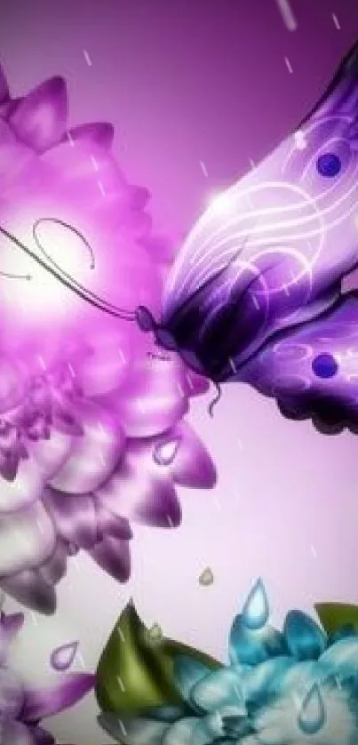 Purple butterfly on vibrant floral background with artistic design.