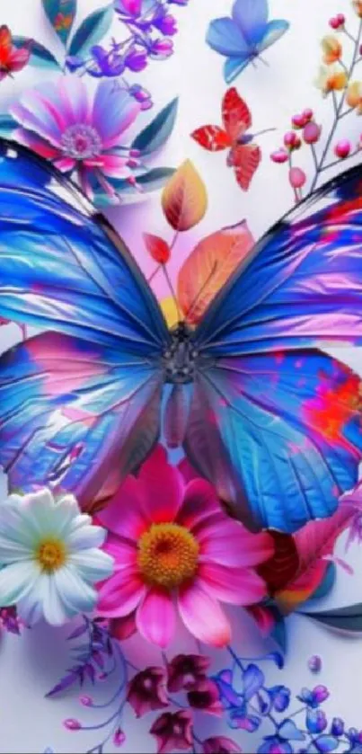 Vibrant butterfly with colorful flowers wallpaper.