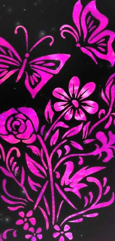 Pink butterfly and floral design on black background for mobile wallpaper.