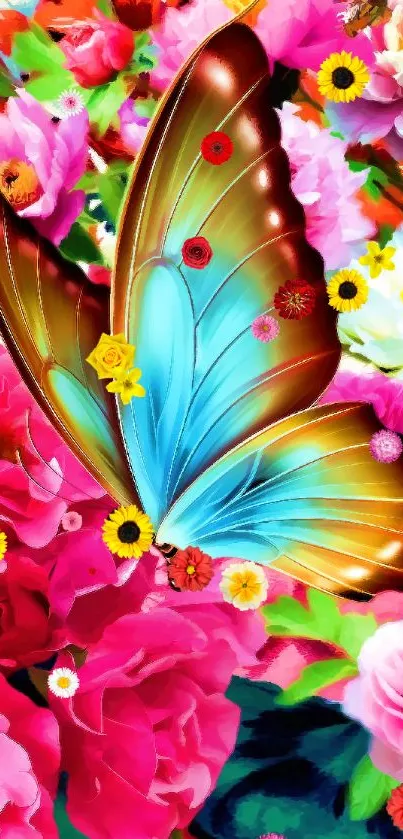 Vibrant butterfly on colorful flowers wallpaper.