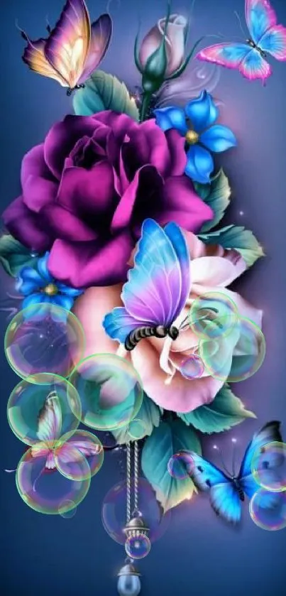 Vibrant floral wallpaper with colorful butterflies and roses on a dark blue background.