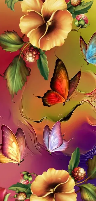 Vibrant butterfly floral wallpaper with colorful art and nature elements.