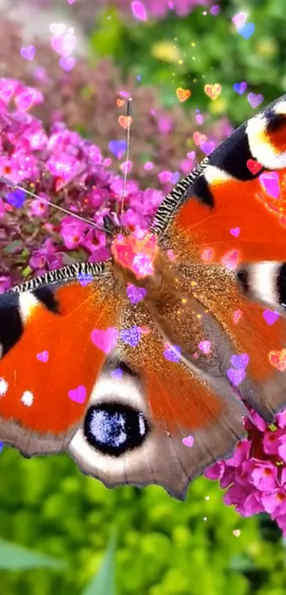 Vibrant butterfly on pink flowers with colorful visual appeal.