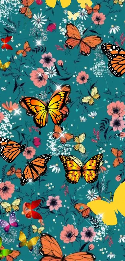 Vibrant butterfly and floral wallpaper with teal background.