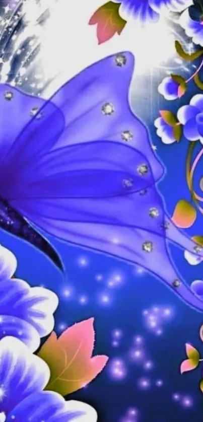 Purple butterfly with blue floral design mobile wallpaper.