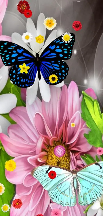 Colorful butterflies amidst vibrant pink flowers on mobile wallpaper.