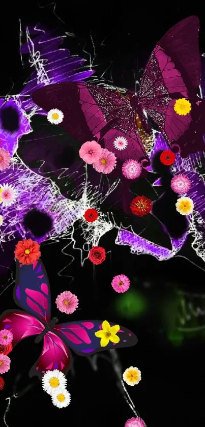 Vibrant purple butterfly and floral themed mobile wallpaper.