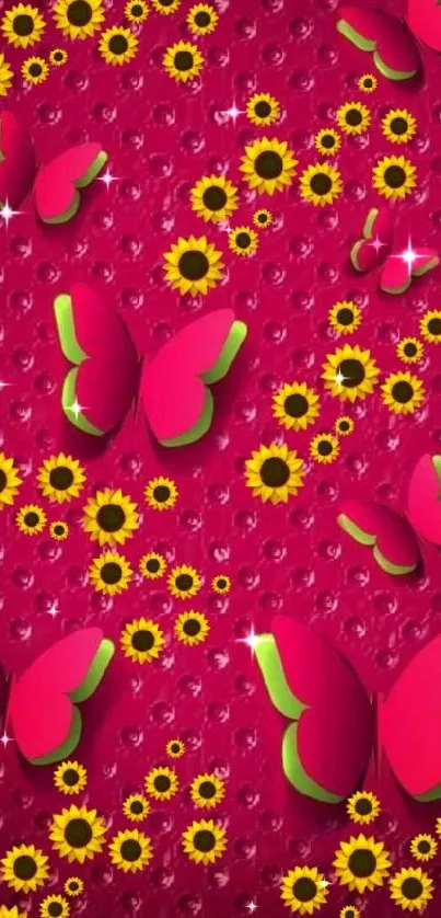 Red wallpaper with butterflies and yellow floral design.