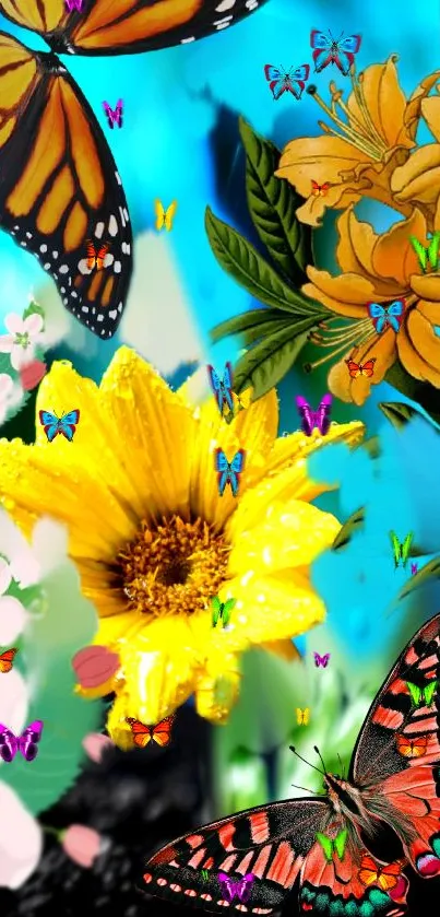 Vibrant wallpaper with butterflies and flowers against a sky blue background.