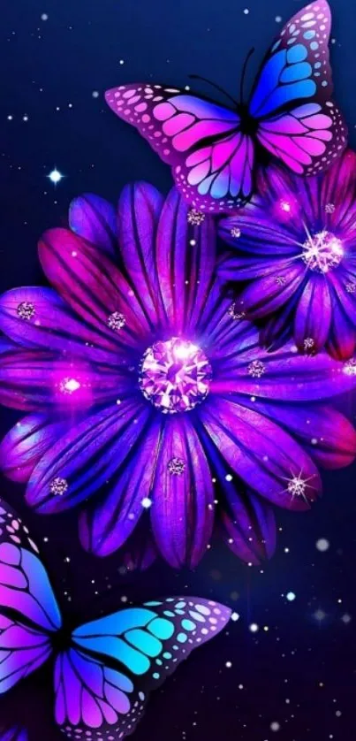 Vibrant purple flowers and colorful butterflies on a deep blue background wallpaper.