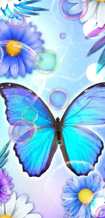 Blue butterfly and colorful daisies on a vibrant mobile wallpaper.