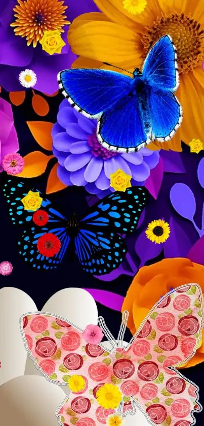 Colorful butterfly and floral wallpaper with vibrant hues of purple and blue.