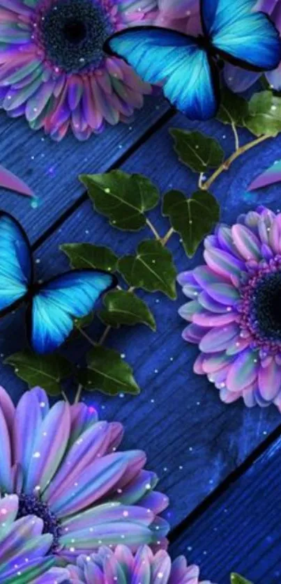 Blue butterflies and purple flowers wallpaper on wood.