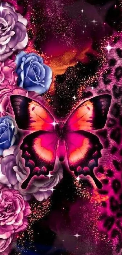Vibrant phone wallpaper with butterfly and floral design.