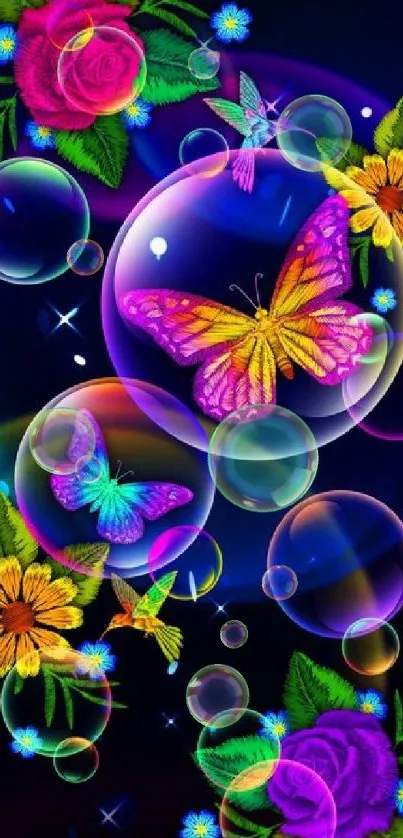 Vibrant neon butterfly and floral wallpaper with dark background.