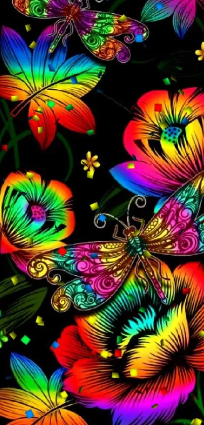 Colorful butterflies and flowers on black wallpaper.