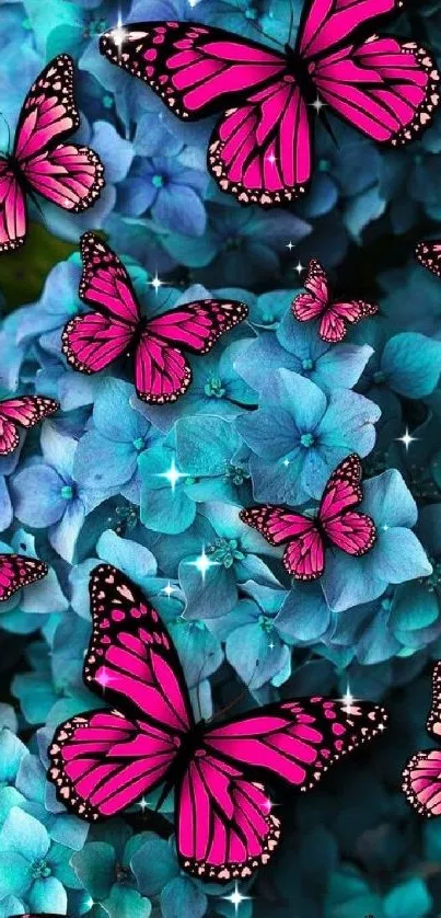 Vivid pink butterflies on cyan flowers wallpaper.