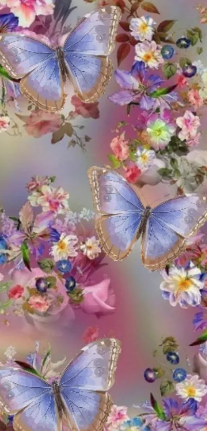 Vibrant floral wallpaper with butterflies.