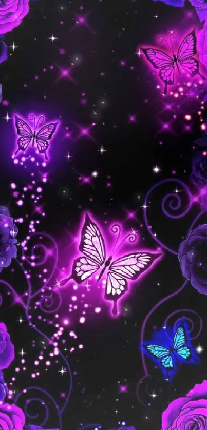 Neon butterflies and purple roses on a dark background for mobile wallpaper.