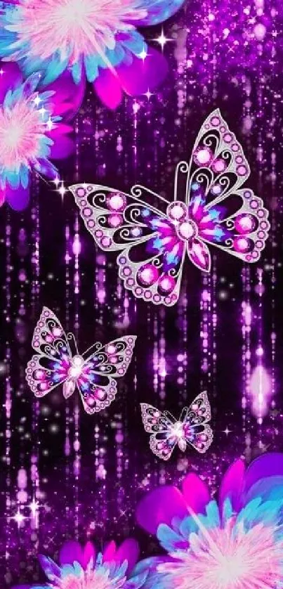 Vibrant purple wallpaper with butterflies and flowers.