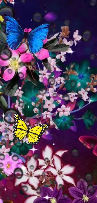 Vibrant wallpaper featuring butterflies and flowers with a purple background.