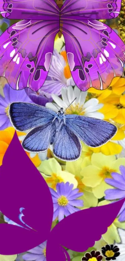 Vibrant purple butterflies with floral background.