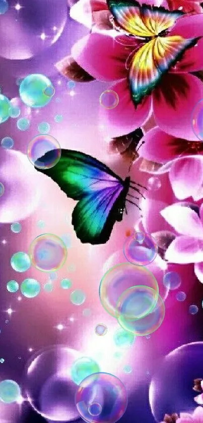 Vibrant butterfly and floral design with glowing bubbles.