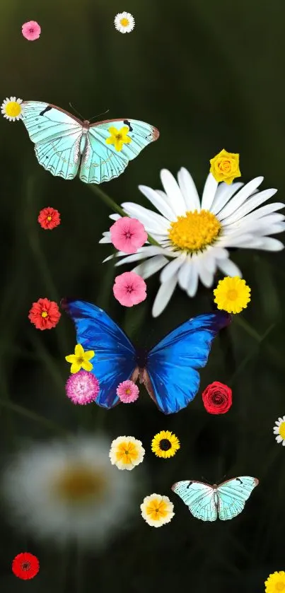 Colorful mobile wallpaper with butterflies and flowers on a green background.