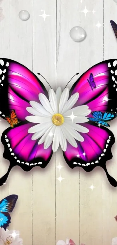 Vibrant butterfly with daisy floral design on wood background.