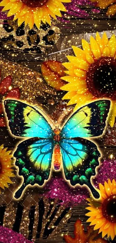 Vibrant butterfly amidst sunflowers and glitter on a mobile wallpaper.