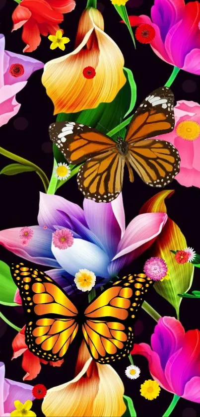 Colorful butterfly and floral wallpaper on a dark background.