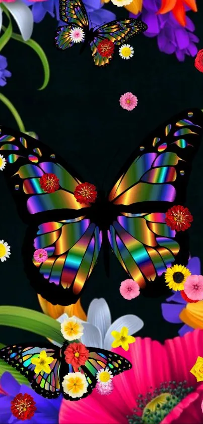 Colorful butterfly and floral mobile wallpaper with vibrant hues.